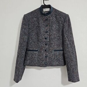 Vintage EVAN PICONE Womens Tweed Blazer Sz 8 Navy Button Down Velvet Union Made